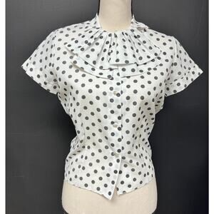 vintage women's sm fitted white black polka dot short sleeve button front top
